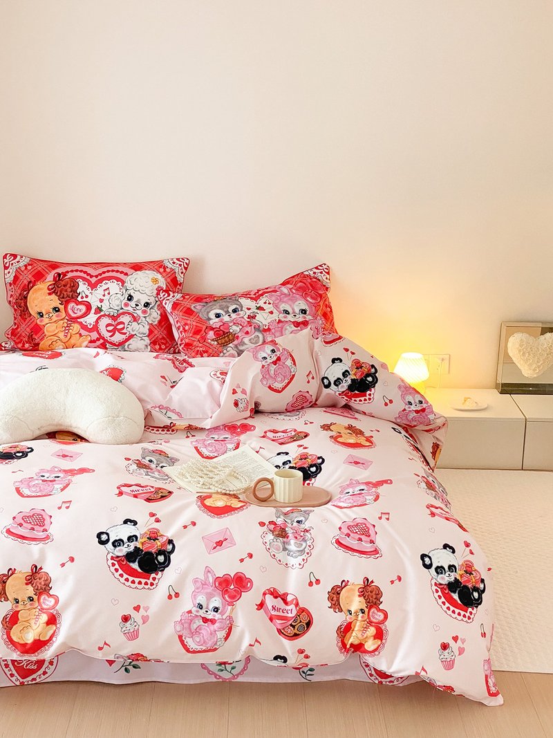 Sweetheart series retro small animal Lolita cute pink wedding 50 pieces bedding bed four-piece set - เครื่องนอน - ผ้าฝ้าย/ผ้าลินิน หลากหลายสี