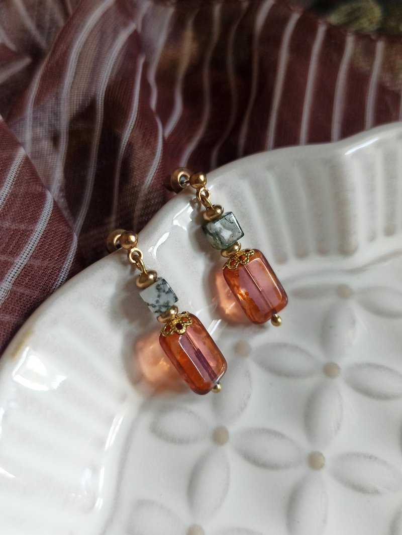 天然石方珠短耳環 / 樹紋瑪瑙 - 耳環/耳夾/耳骨夾 - 半寶石 多色