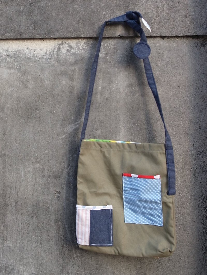 Bag bag canvas bag shoulder back hand side back denim cloth green cloth blue - กระเป๋าแมสเซนเจอร์ - ผ้าฝ้าย/ผ้าลินิน สีเขียว