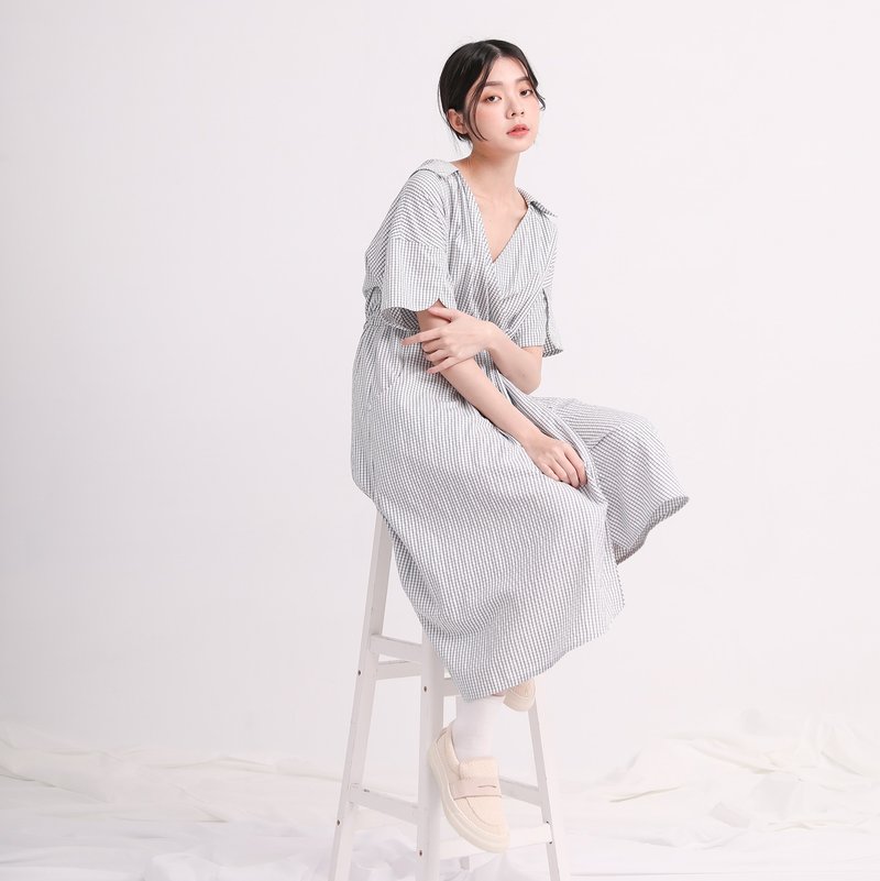 //SUMI x WEARMACAU// Yanfei_煙霏和服式洋裝_21SF104_勇敢藍格 - 洋裝/連身裙 - 聚酯纖維 藍色