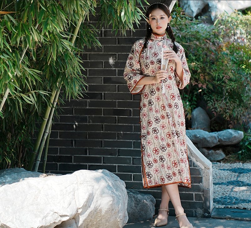 Retro style of the Republic of China, custom-made, improved ancient flat-cut, full-front, one-piece cheongsam - Qipao - Cotton & Hemp Multicolor