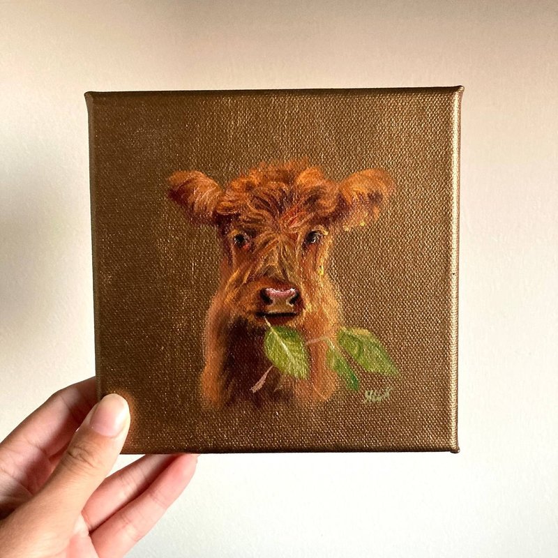 Animal Painting Original Painting Contemporary Art Small Oil Canvas Signed Cow - 海報/掛畫/掛布 - 其他材質 咖啡色