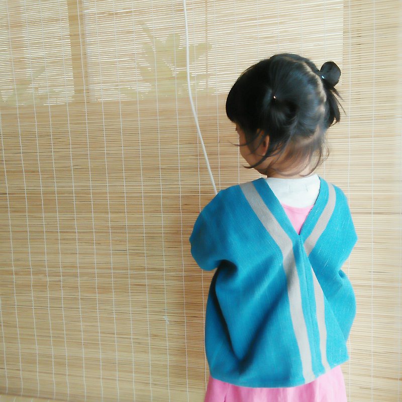 Thai plant dyeing & hand-woven tops / indigo / line / kids / cotton - เสื้อยืด - ผ้าฝ้าย/ผ้าลินิน สีน้ำเงิน
