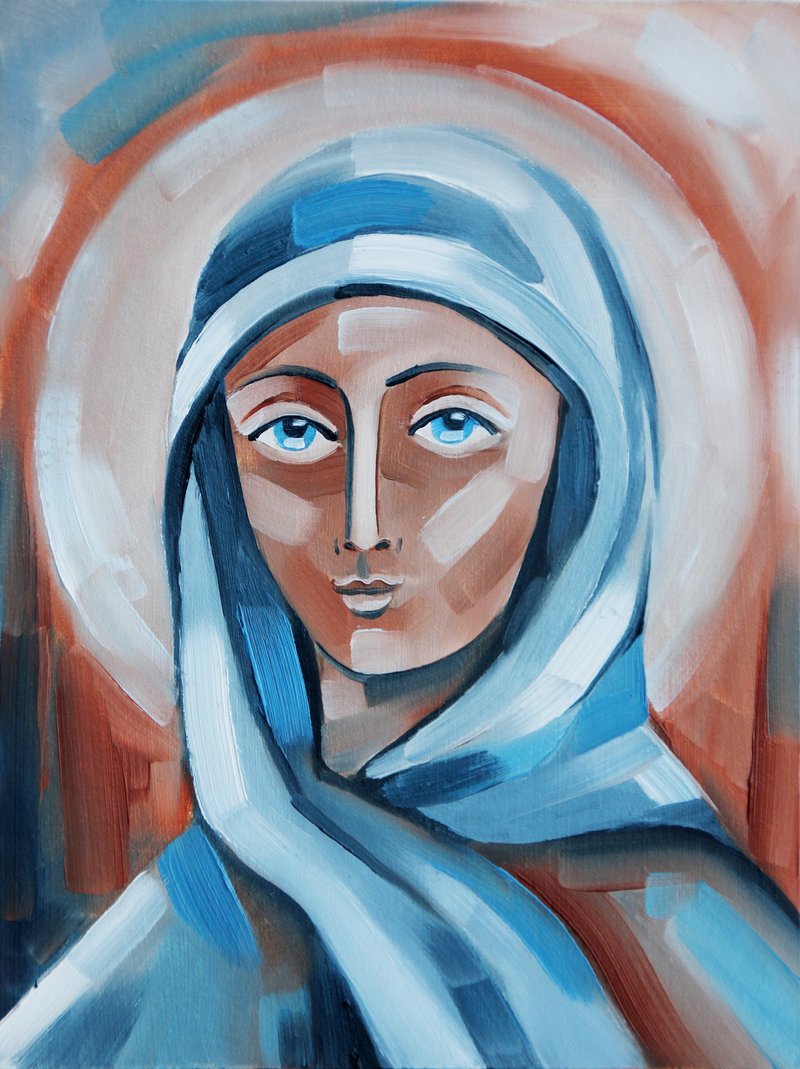Virgin Mary Painting Madonna Original Art Our Lady Artwork Small Oil Wall Art - 海報/掛畫/掛布 - 其他材質 咖啡色