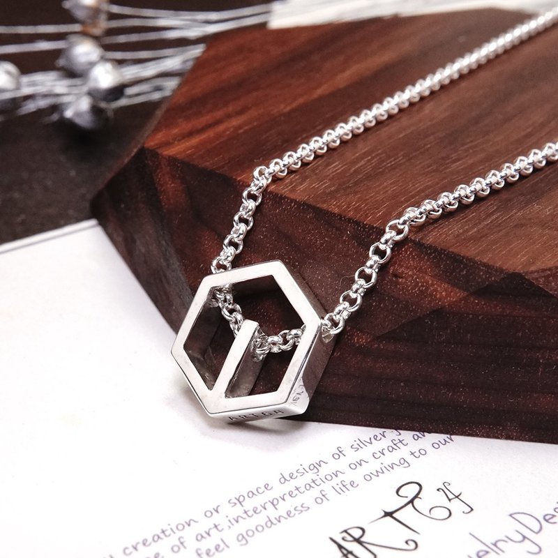 Sterling Silver ART64 Classic Hexagon Necklace (Large) Men's Necklace 20 Inch - สร้อยคอ - เงินแท้ สีเงิน