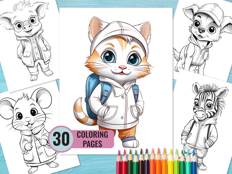 Cute Animal in Clothes Coloring Book, 30 Printable Pages for Kids and Adult, Car - 電子似顏繪/繪畫/插畫 - 其他材質 