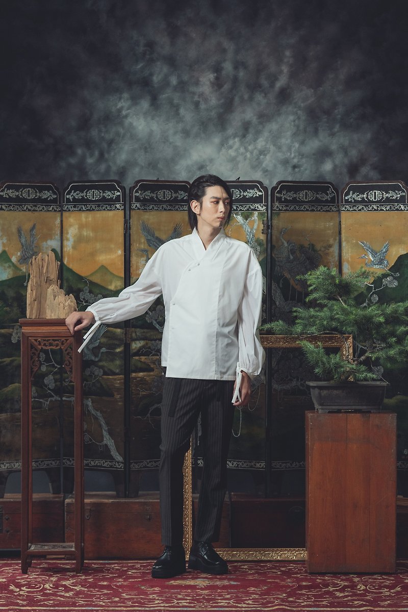 Kimono collar white shirt (201T03) - เสื้อเชิ้ตผู้ชาย - ผ้าฝ้าย/ผ้าลินิน ขาว