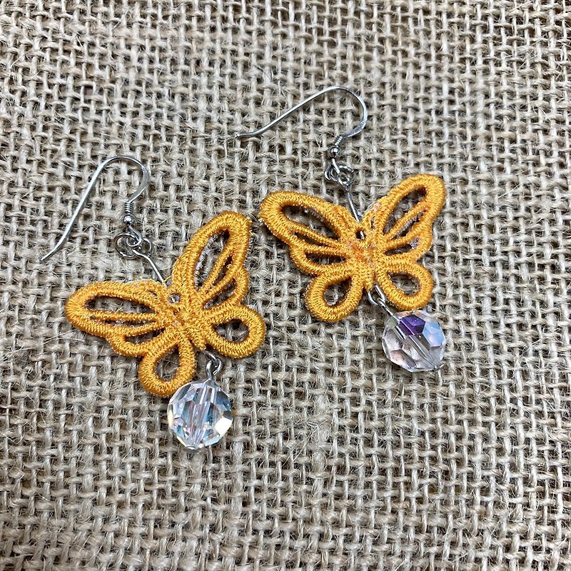 Butterfly embroidery earrings - Earrings & Clip-ons - Thread Yellow
