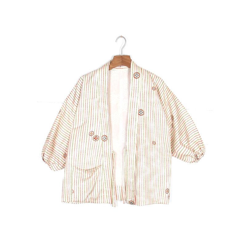[Egg plants vintage] color line printing vintage kimono feather weaving - Overalls & Jumpsuits - Polyester White