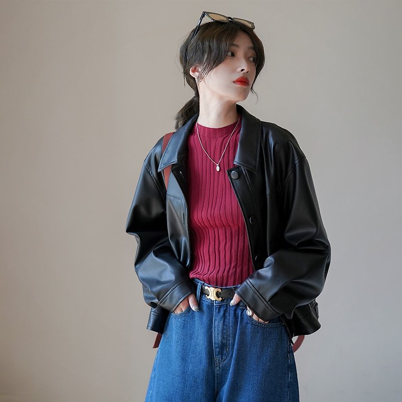 Black Short Jacket Motorcycle Leather Jacket|Coat|Summer and Autumn|Sora-1023
