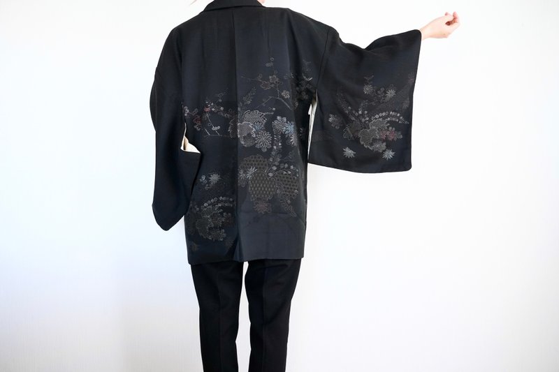 Black Kimono, glitter kimono, vintage kimono, kimono jacket, Japanese kimono - 女大衣/外套 - 絲．絹 黑色