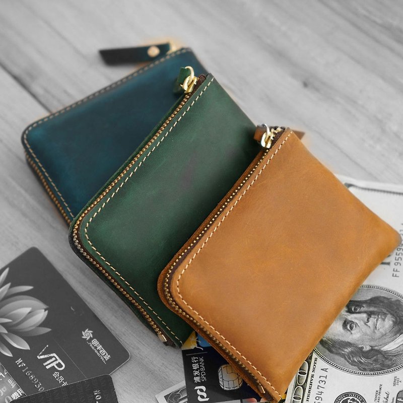 Customized gift can be lettering wallet cowhide wallet retro zipper wallet wallet birthday gift - กระเป๋าสตางค์ - หนังแท้ สีนำ้ตาล