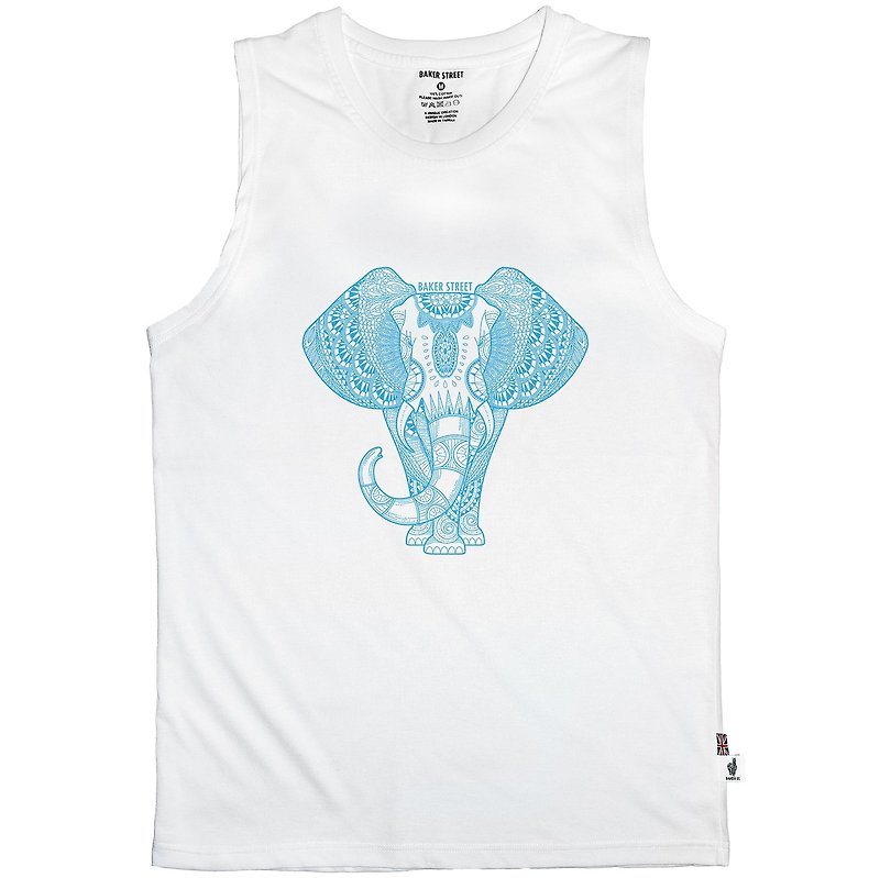 British Fashion Brand -Baker Street- Zentangle Elephant Printed Tank Top - เสื้อกั๊กผู้ชาย - ผ้าฝ้าย/ผ้าลินิน ขาว