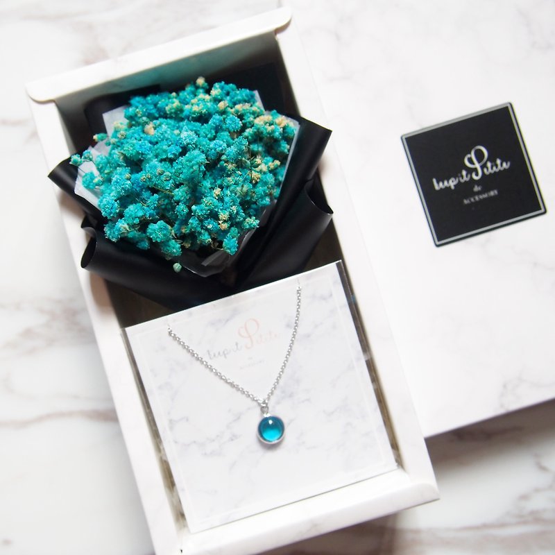 [Cloud Pattern Gift Set] Blue Dry Star Bouquet + Sky Blue Round Stone Necklace - Necklaces - Other Materials Blue