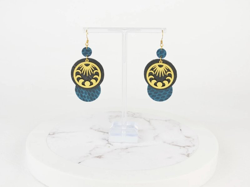 Lunar Phases Sun Earrings in Gold Textured Black Blue Genuine Recycled Leather - ต่างหู - หนังแท้ สีน้ำเงิน