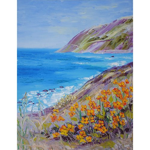 IllaUartGallery California Poppy Painting Big Sur Original Art Seascape Impasto Oil Painting