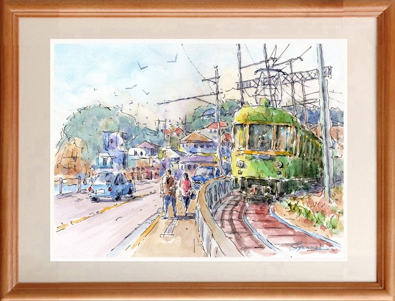 水彩画原画　江ノ電・小動岬から七里ヶ浜へ - 海報/掛畫/掛布 - 紙 綠色