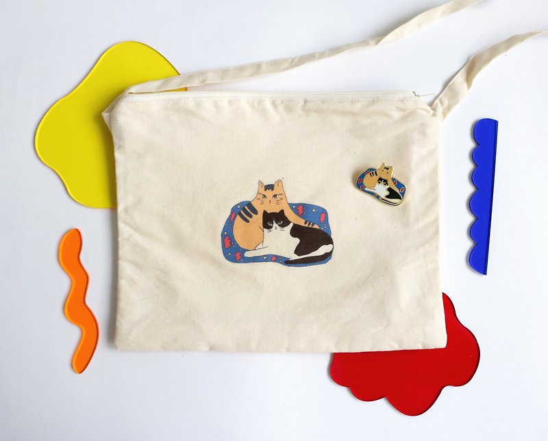 Joint illustration illustrator side bag - orange cat banquet cat - Messenger Bags & Sling Bags - Cotton & Hemp Multicolor