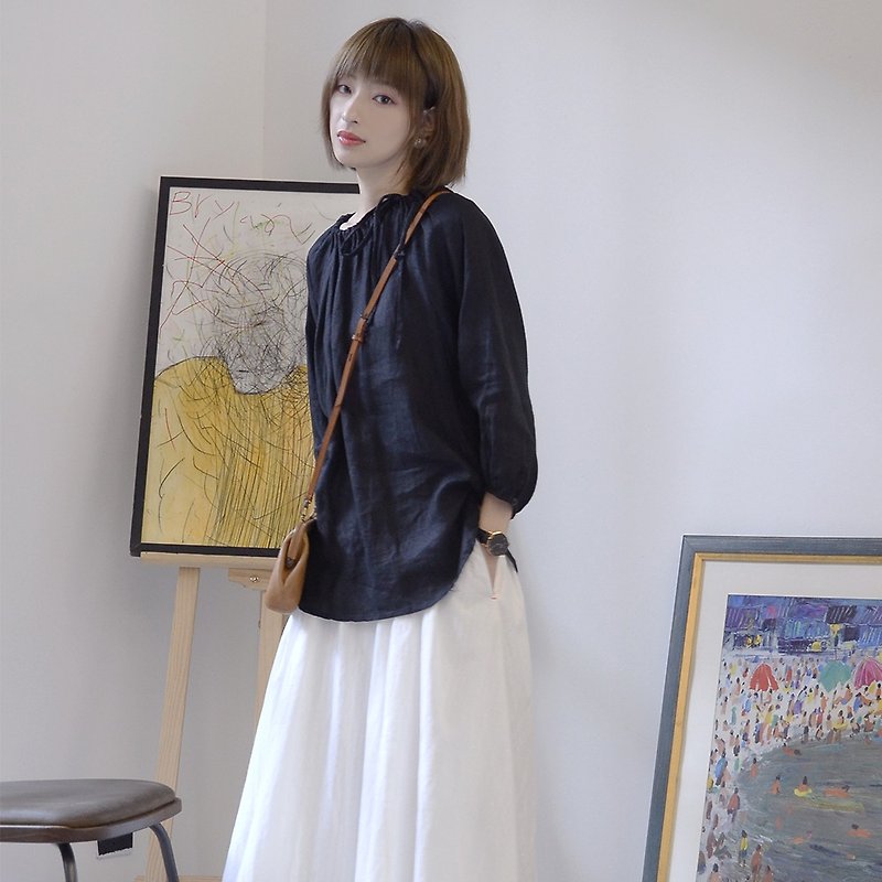 Black Washed Linen Lace Shirt|Shirt|Linen|Independent Brand|Sora-164 - Women's Shirts - Cotton & Hemp Black