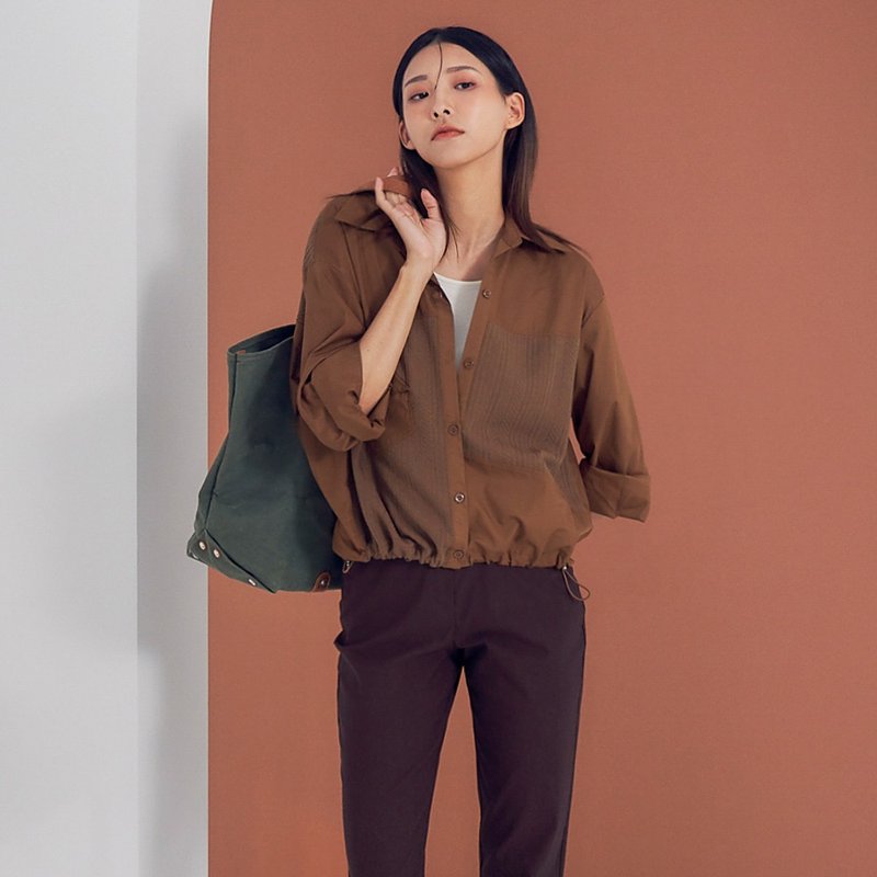 【MEDUSA】Brown Textured Splicing Drawstring Hem Shirt - Women's Shirts - Cotton & Hemp Brown