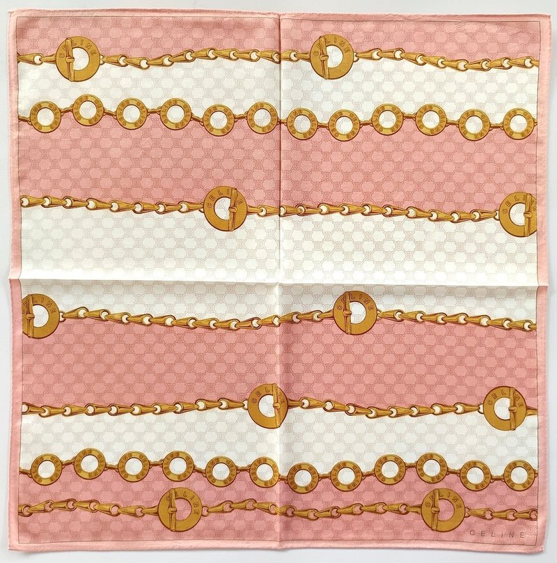 Celine 古著頭巾 金色鍊條 珠寶圖案 20 x 19 英吋 - 手帕 - 棉．麻 粉紅色