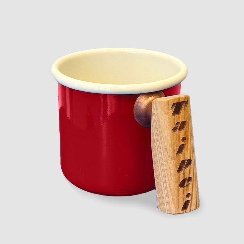 Truvii 檜木把手雙色琺瑯杯 露營杯 - 蘋果紅 - 杯子 - 琺瑯 紅色