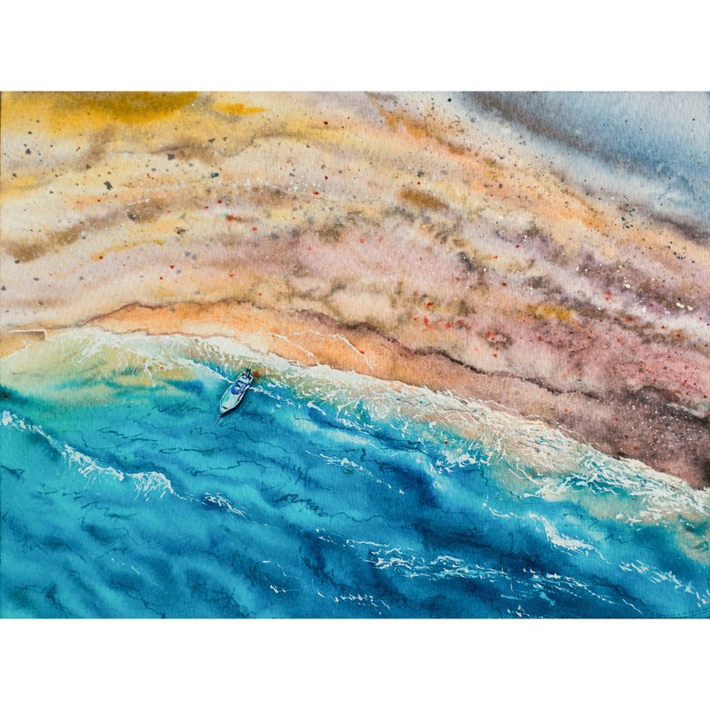 Seascape Original Watercolor Painting Fishing Boat Landscape Wall Art - 海報/掛畫/掛布 - 紙 多色