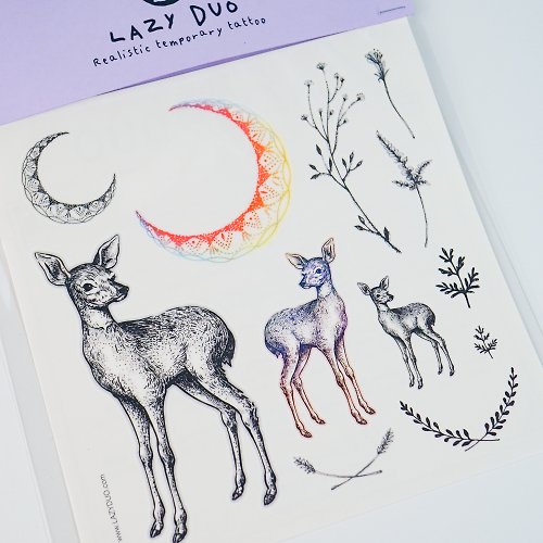 ╰ LAZY DUO TATTOO ╮ LAZY DUO動物刺青紋身貼紙小鹿班比月亮花草可愛唯美精緻小清新