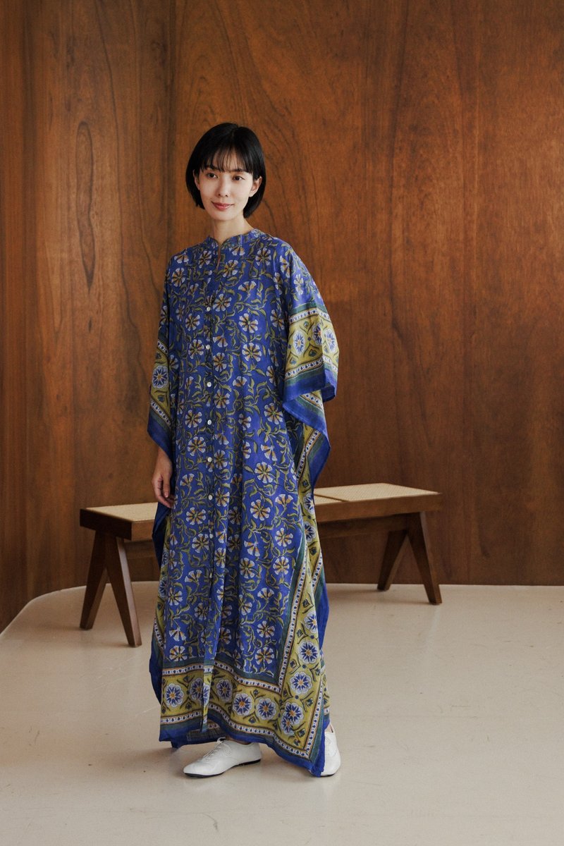 Woodblock print buttoned long Indigo - ชุดเดรส - ผ้าฝ้าย/ผ้าลินิน 