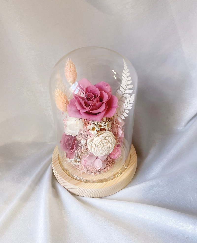 月光愛神弗蕾雅的祝福－永生玻璃發光罩鐘 - 乾燥花/永生花 - 植物．花 粉紅色
