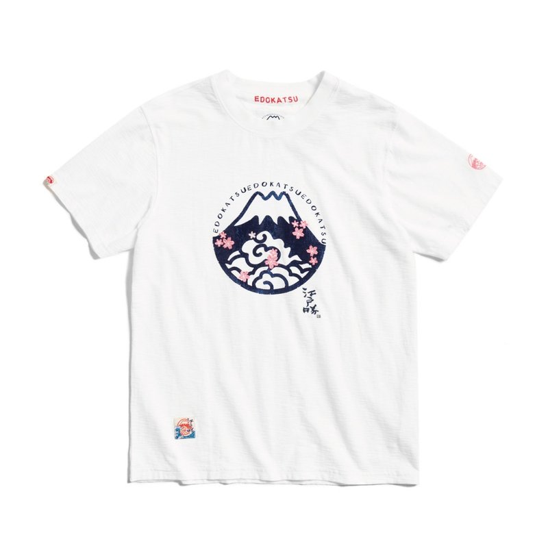 Edo Katsu Japanese style Mount Fuji Sakura LOGO short-sleeved T-shirt - Men's (off-white) #Top - Men's T-Shirts & Tops - Cotton & Hemp White