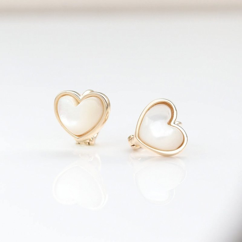 14K three-dimensional love mother-of-pearl earrings (inner diameter 7 mm) pure K gold earrings that will not fade when exposed to water - Earrings & Clip-ons - Precious Metals Gold