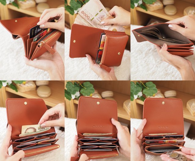 Small leather wallet womens brick brown