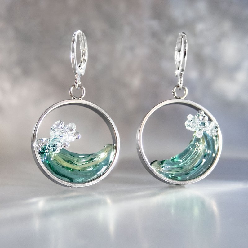 Open Circle Earrings: The Wave in a Porthole - Earrings & Clip-ons - Glass Blue