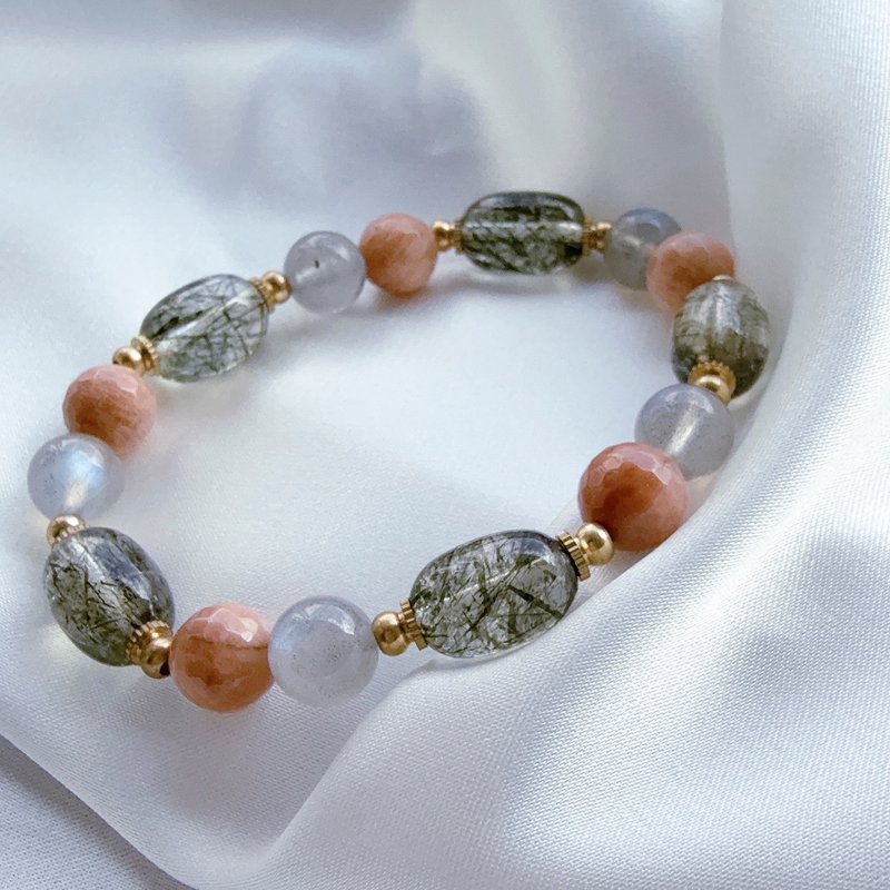 With the light of the spirit│ Green Tourmaline Crystal Gray Moonstone Stone Bronze Bracelet - Bracelets - Crystal Khaki