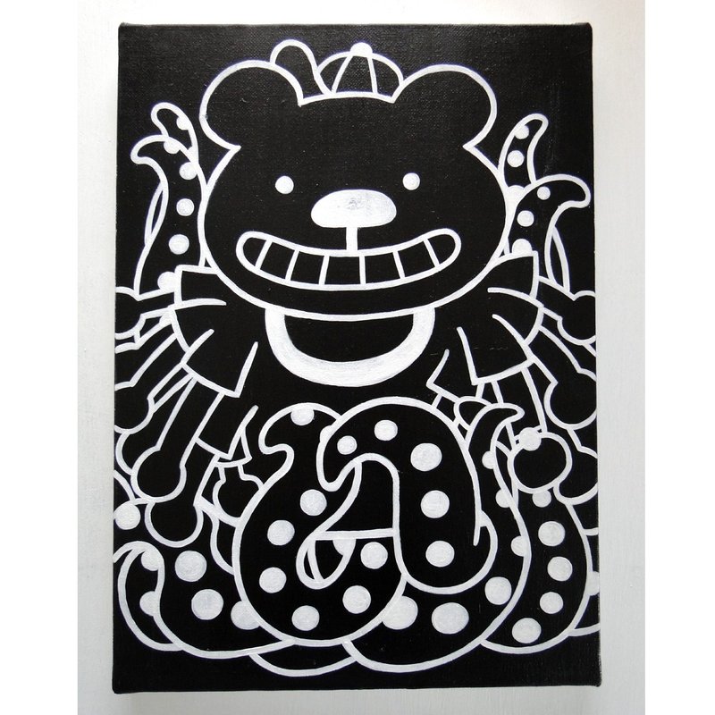 タコとクマのグラフィティアート 原画 絵画 キャンバス画 モンスター モノクロ - 海報/掛畫/掛布 - 顏料 黑色