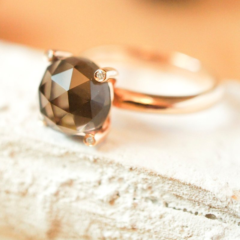 DIRECT - 9mm Round Faceted Smokey Quartz 18K Rose Gold Plated Silver Ring - General Rings - Gemstone Brown