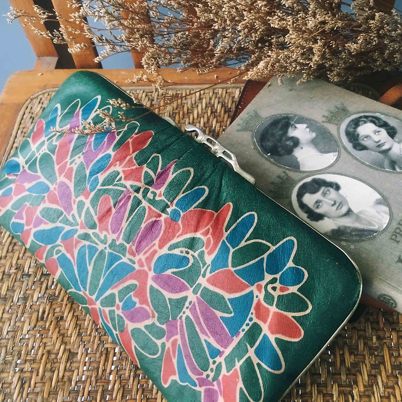 日本尋寶古董包-昭和花卉祖母綠長夾口金手拿包 - 手拿包 - 人造皮革 綠色
