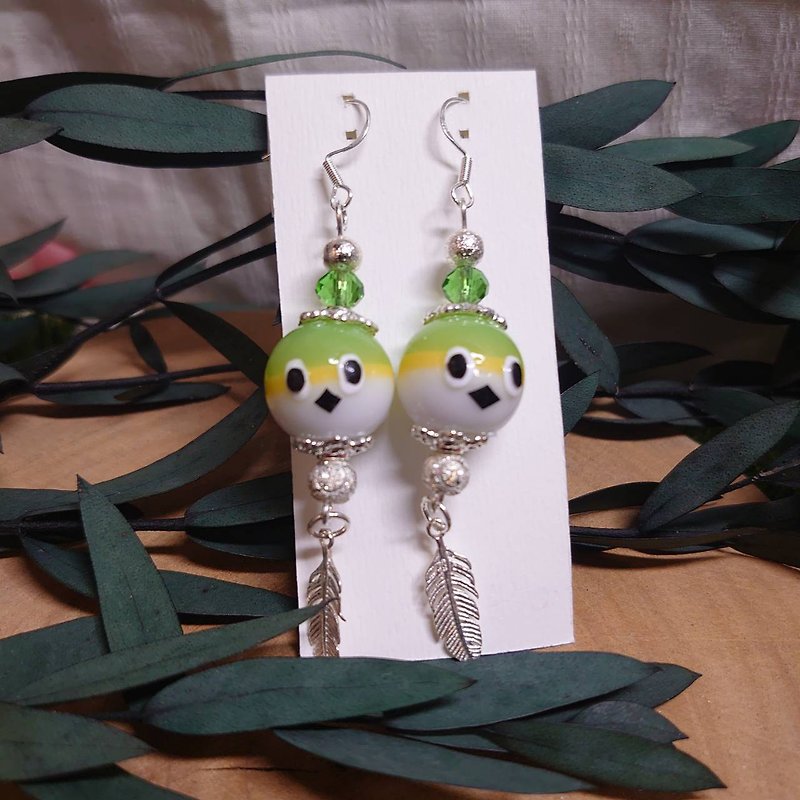 Green embroidered eye bird ball shaped earrings - Earrings & Clip-ons - Other Materials Green
