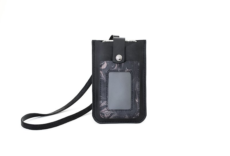 Hard hand-dyed leather phone case / card holder / free custom English word printing - ที่ใส่บัตรคล้องคอ - หนังแท้ สีดำ