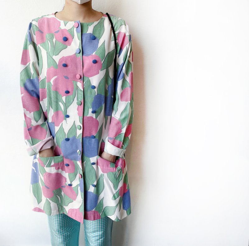 80s Pastel Floral Pattern Blazer - 女大衣/外套 - 其他人造纖維 粉紅色
