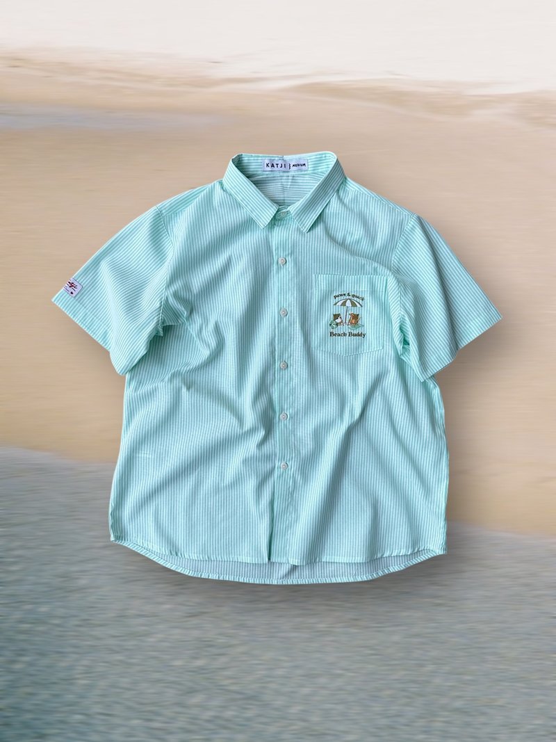 刺绣衬衫 (Embroidery Shirt)  薄荷蓝 (Stripe)  海滩伙伴 - 女襯衫 - 棉．麻 綠色