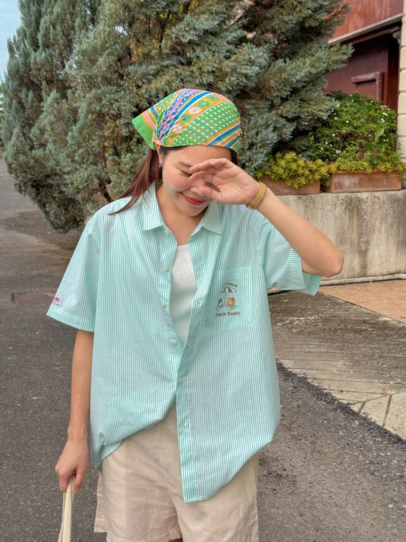 Embroidery Shirt : Mint Stripe : Paws & Quack - เสื้อเชิ้ตผู้หญิง - ผ้าฝ้าย/ผ้าลินิน สีเขียว