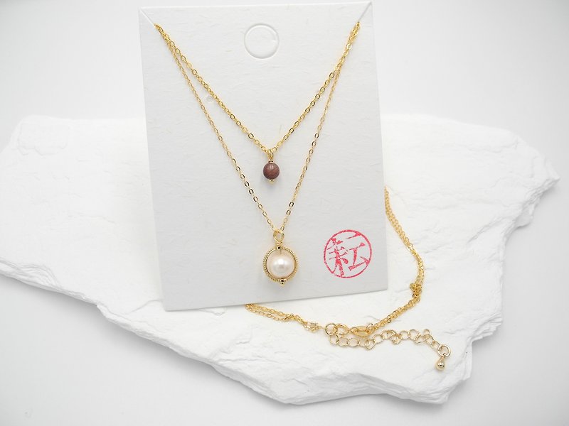 [Joy] Natural stone pearl stacked double-layer necklace ready for Mother's Day gift - สร้อยคอ - เงิน สีทอง