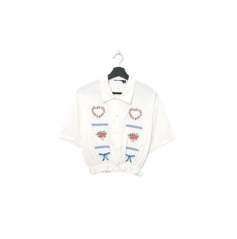 Back to Green-リメイク刺繍ブラウス 花冠リボン ws-06 //ヴィンテージシャツ - シャツ・ブラウス - コットン・麻 