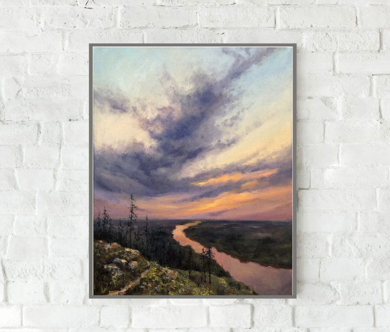 Original Oil Painting Sunset Art Sunrise Painting Landscape - Wall Décor - Other Materials Orange