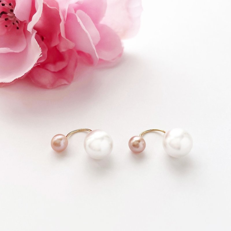 Double pearl earrings [pink x white] / freshwater pearl / 2WAY - Earrings & Clip-ons - Pearl Pink