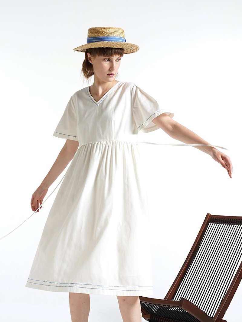 Ecru soli plain white already summer French Navy relaxed lazy white dress - One Piece Dresses - Linen White