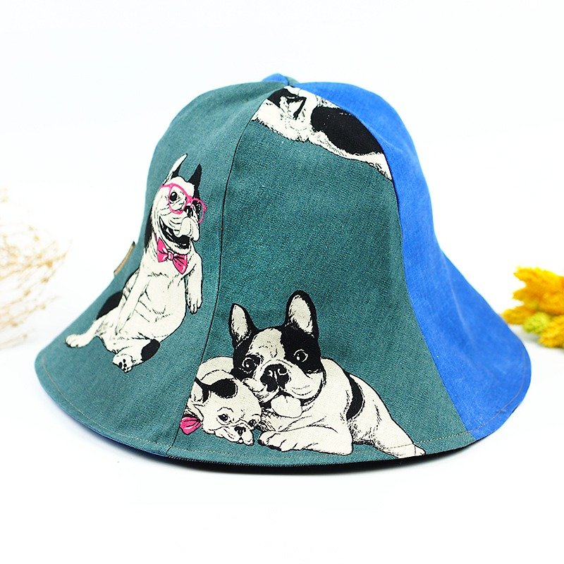 Calf Village Calf Village Handmade Double-Hooded Men and Women Fisherman's Hat Hooded Dog Bulldog Dog Dogs {Fighters Life} Blue Green [H-243] Limited Edition - Hats & Caps - Cotton & Hemp Green