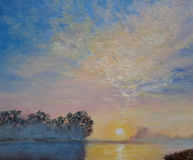 カラフルな夕日の油絵、湖の上の太陽のアートワーク、風景の手作りの壁 